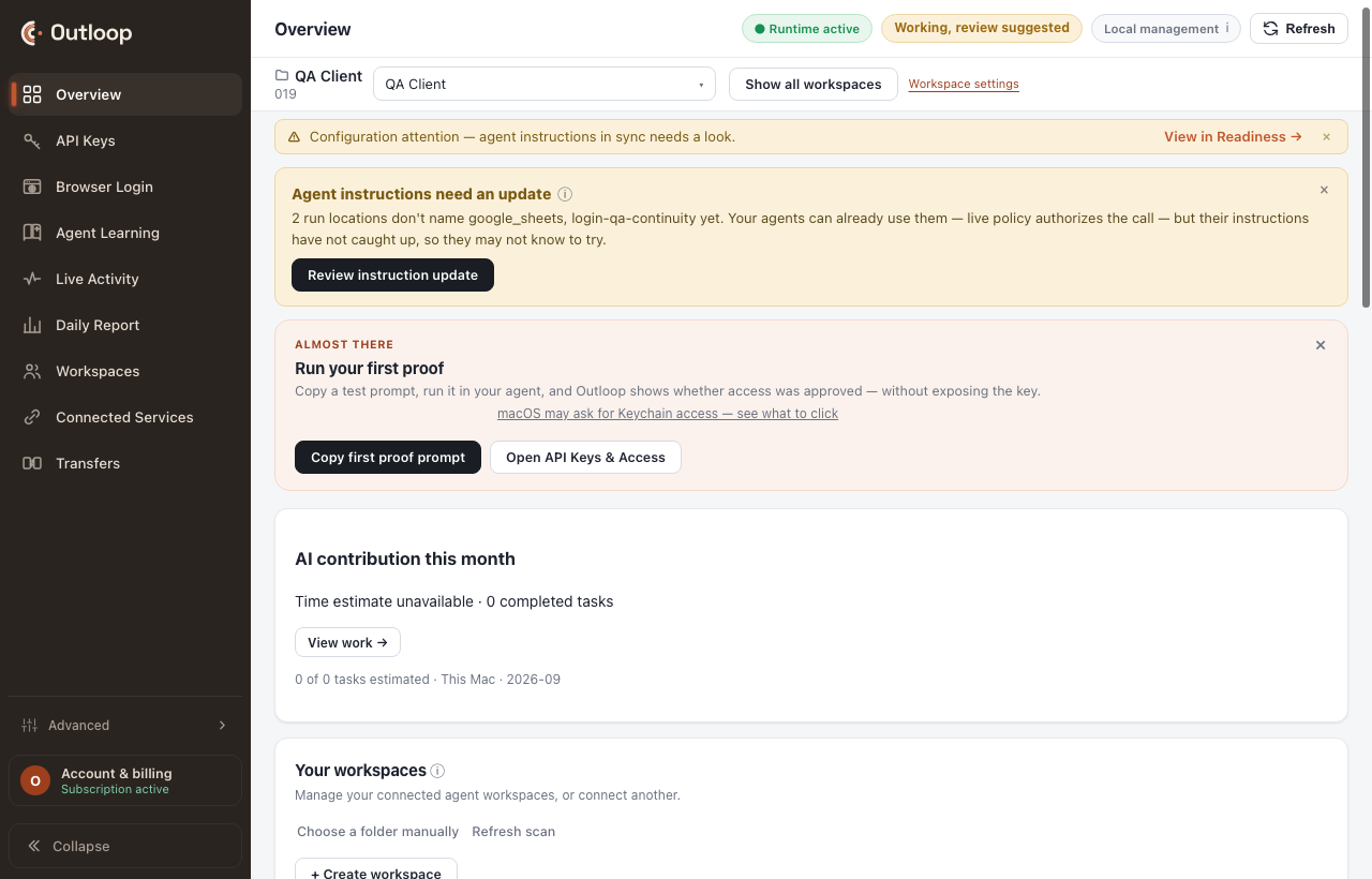 The Outloop Overview with a workspace row selected