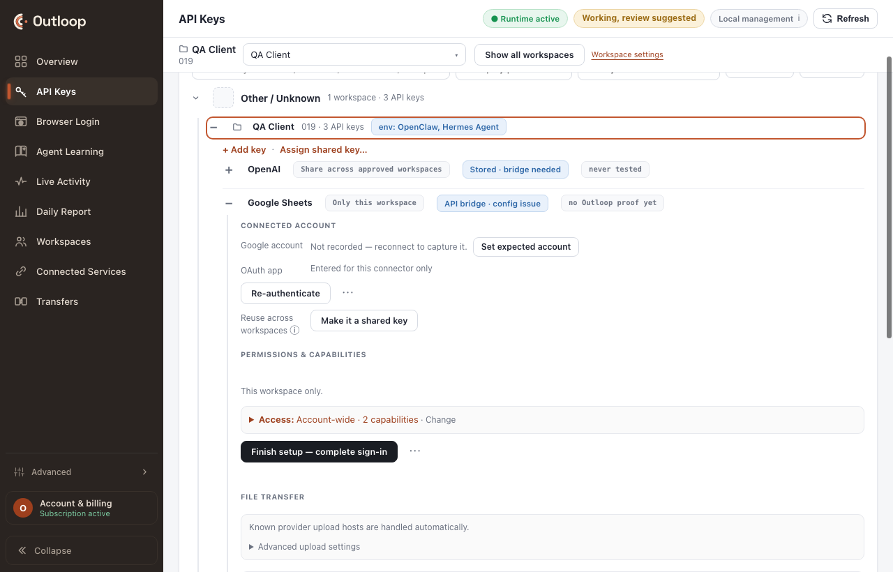 The API Keys and Access list for one workspace