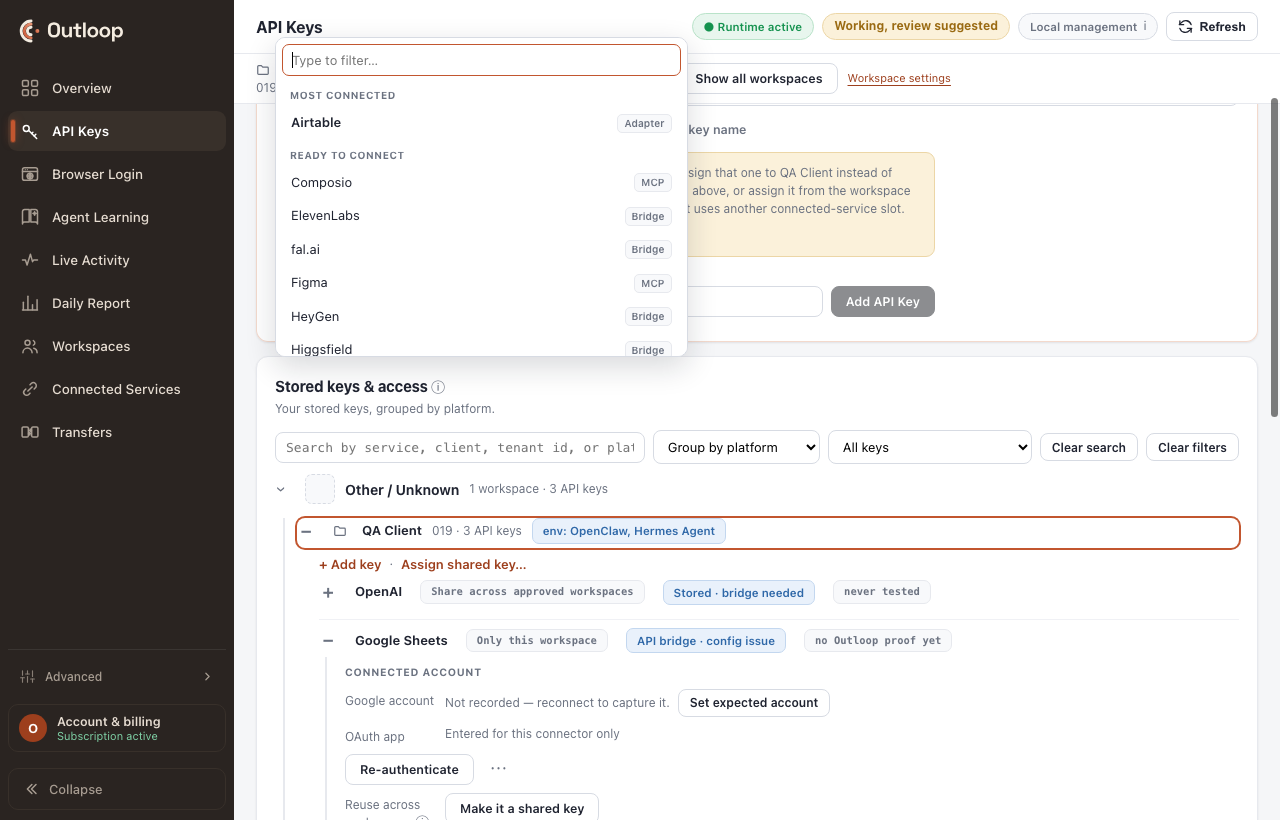 The service picker with the add-a-custom-service entry