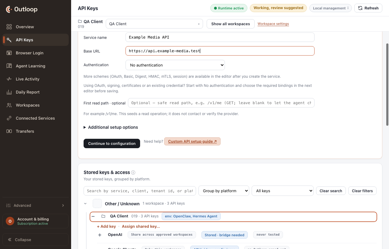 The Connect a Custom API card with a name and an HTTPS base URL
