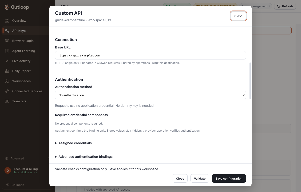The authentication kind selector with a masked value preview