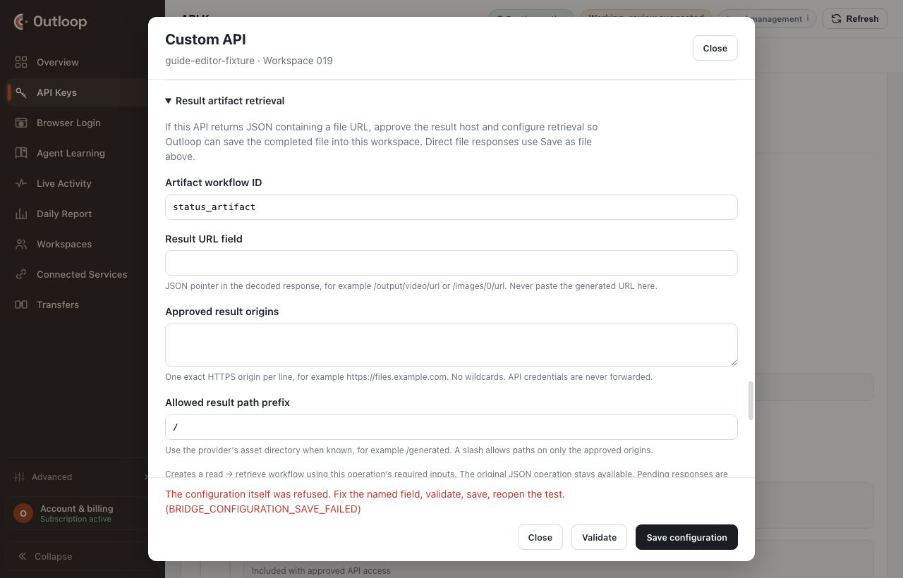 Result artifact retrieval configured with a pointer and approved origin