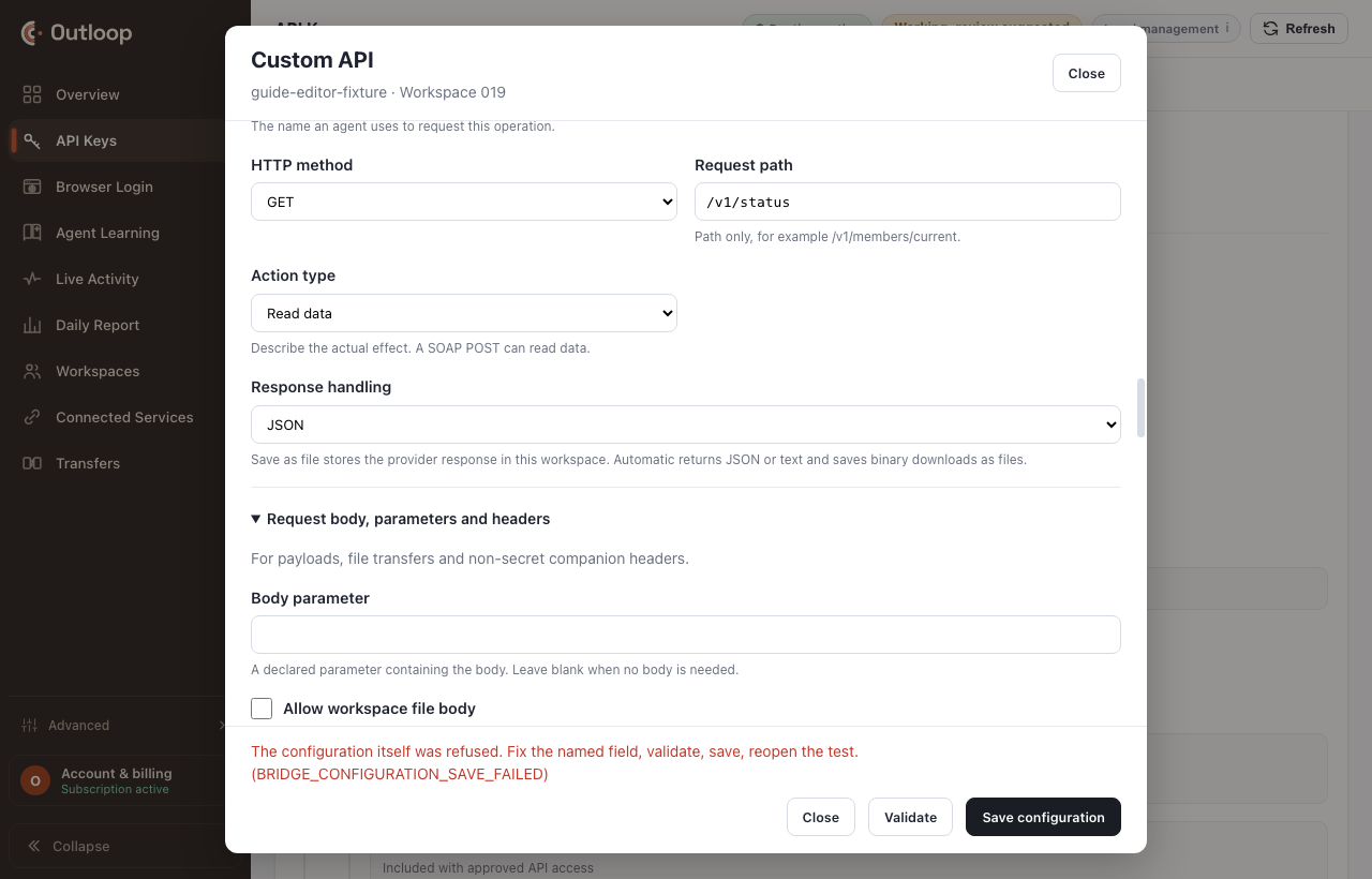 Response handling set to save the result as a workspace file