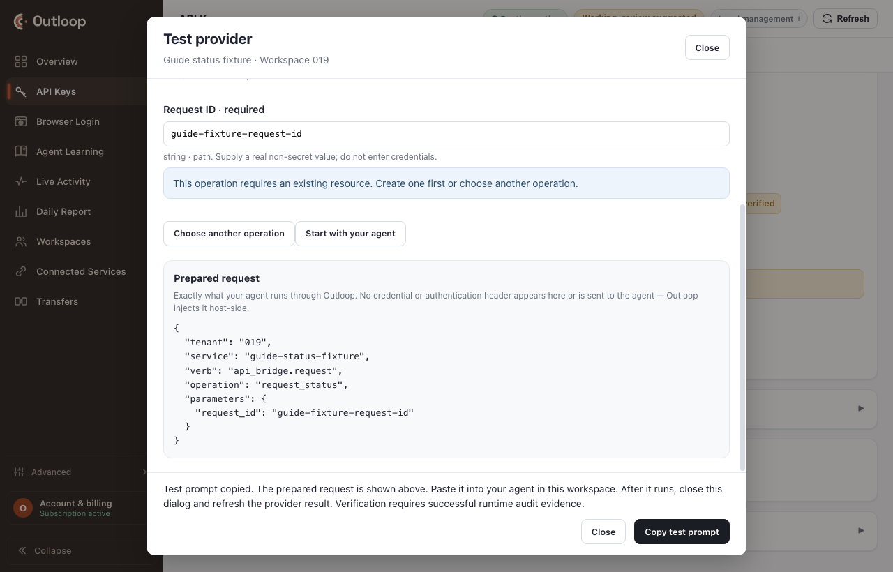 The Test provider dialog with the prepared non-secret request visible