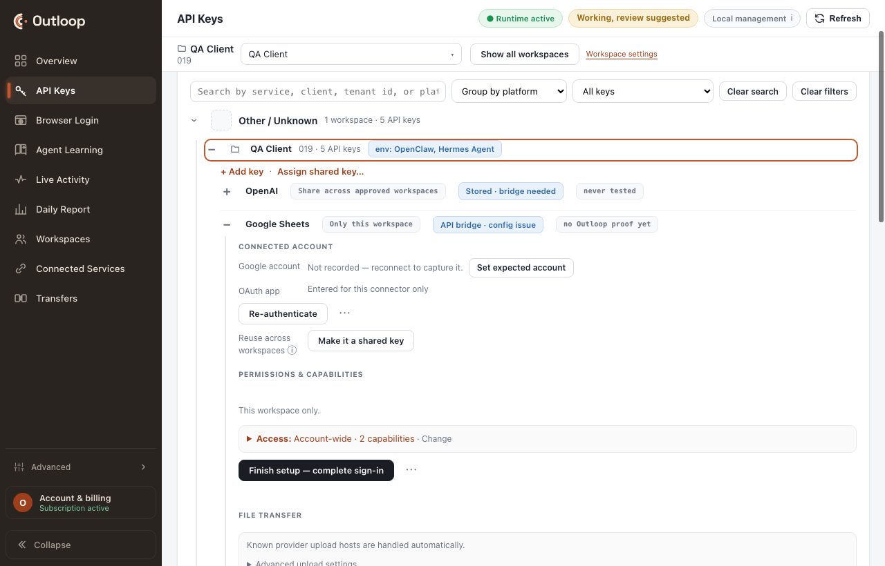 The connected-services view after setup