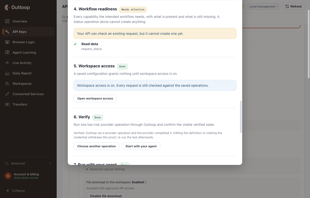 Workflow readiness rows showing what is present and what is missing