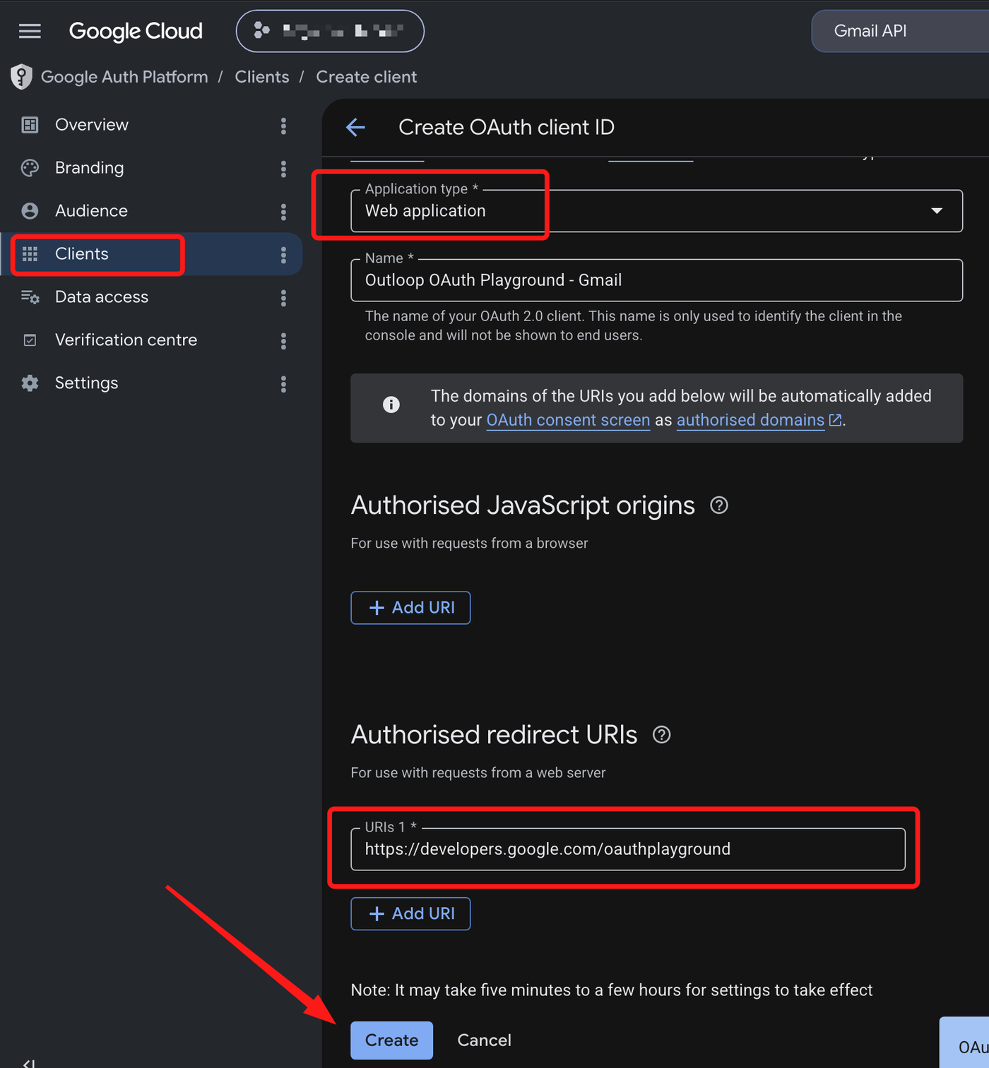 Create OAuth Playground web client for Gmail API — Web application type, Outloop OAuth Playground Gmail name, and the OAuth Playground redirect URI.