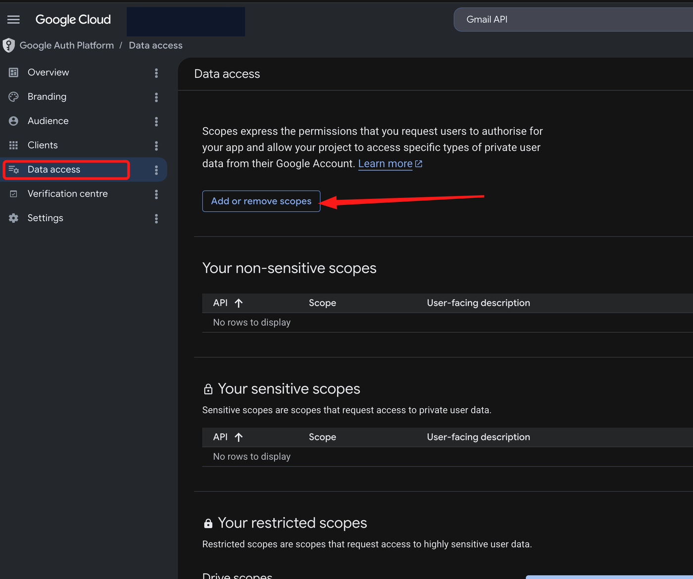 Google Auth Platform Data access page with the Add or remove scopes button highlighted for the Gmail API.