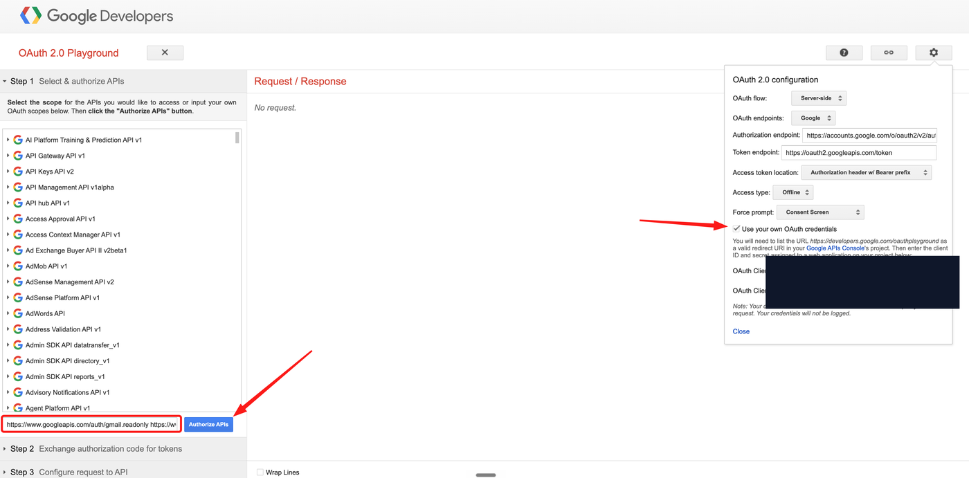 Authorize Gmail API scopes in OAuth Playground — own OAuth credentials enabled, Offline access, Consent Screen prompt, Gmail scopes pasted, and the credential fields redacted.