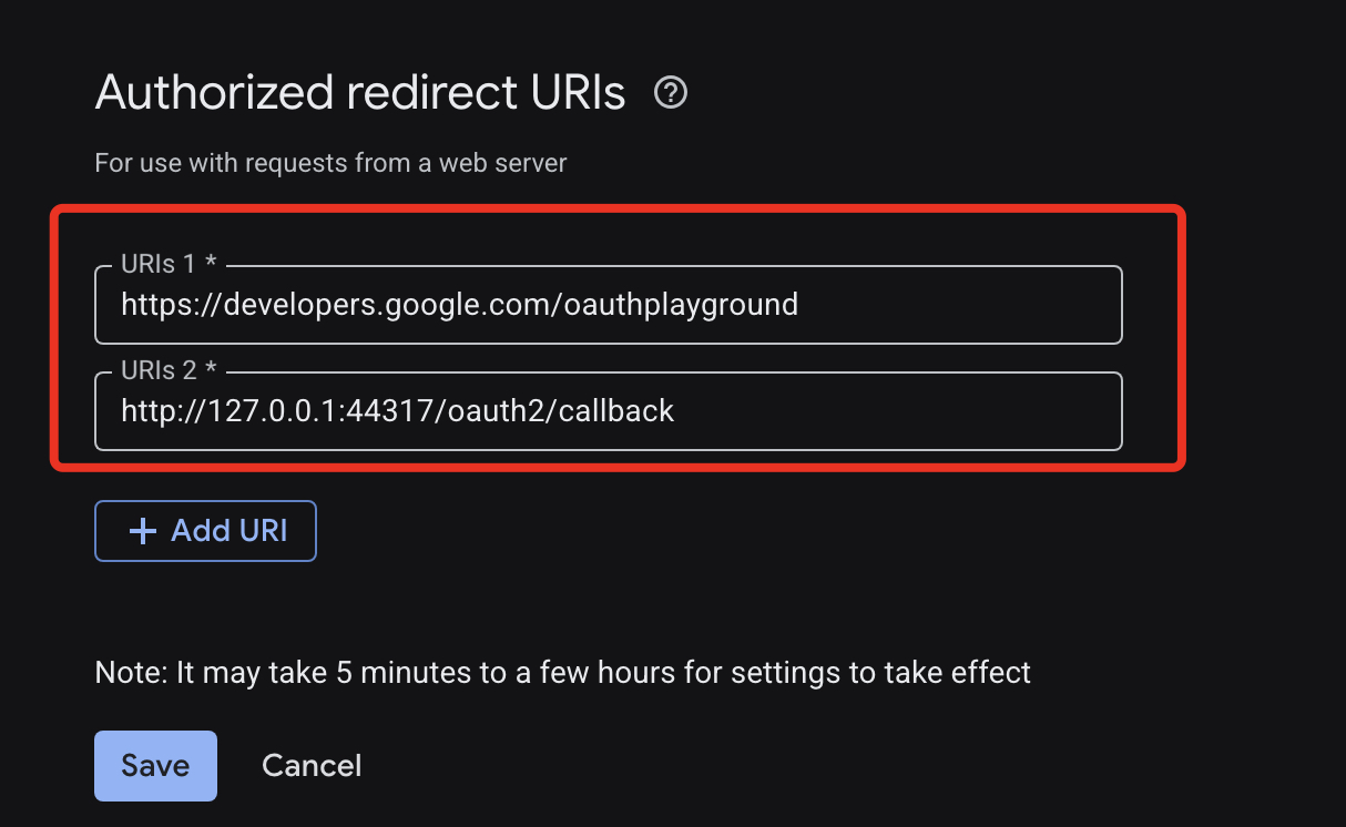 Authorized redirect URIs for the YouTube OAuth web client — the Outloop 127.0.0.1 loopback callback and the OAuth Playground URL.