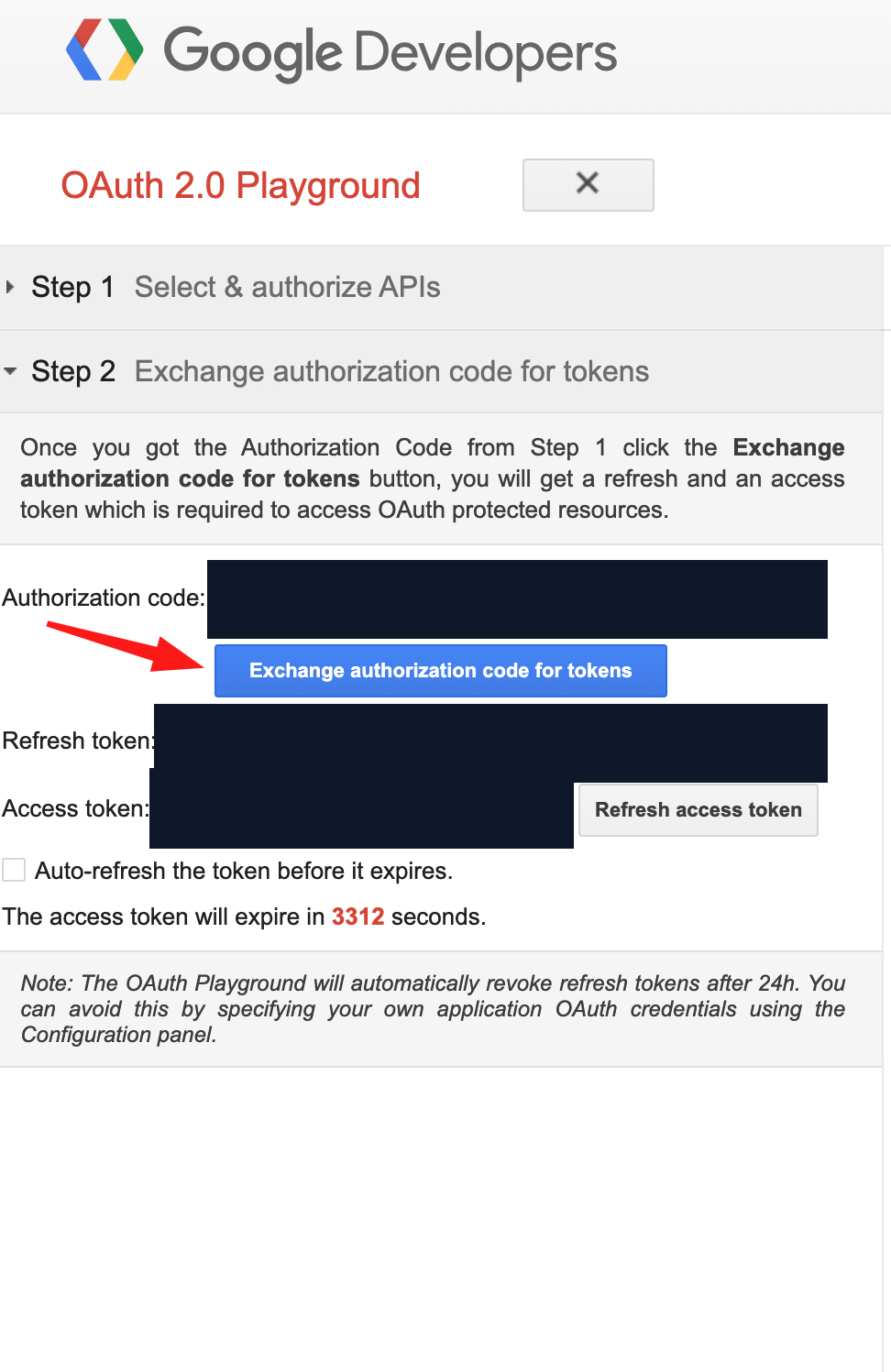 OAuth Playground Step 2 with the Exchange authorization code for tokens button highlighted and the authorization code, refresh token, and access token values redacted.