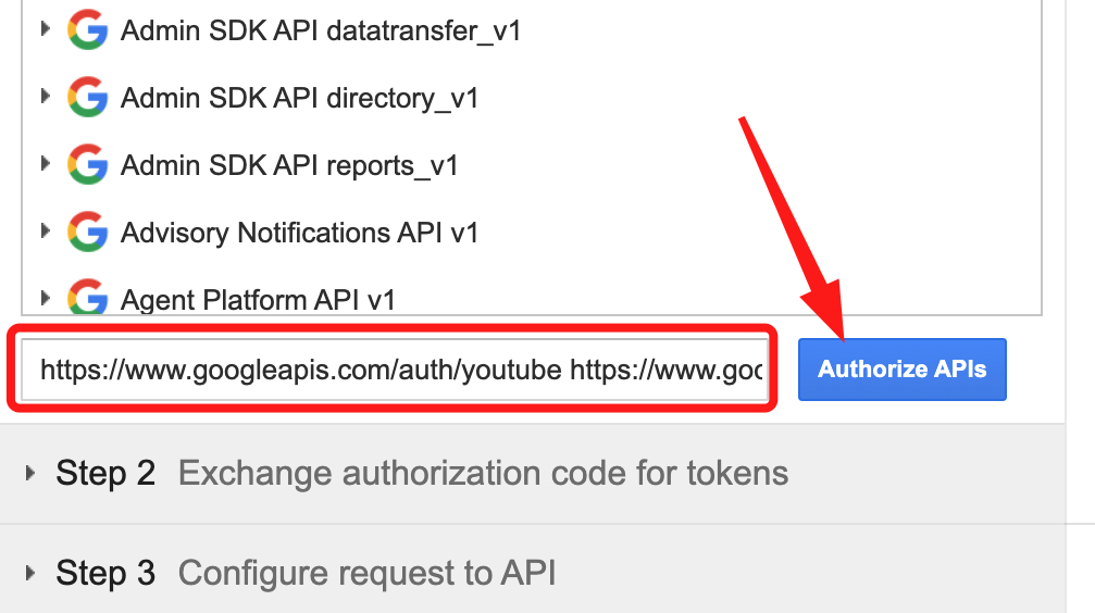 Google OAuth Playground with the YouTube scopes pasted into the input field and the Authorize APIs button.