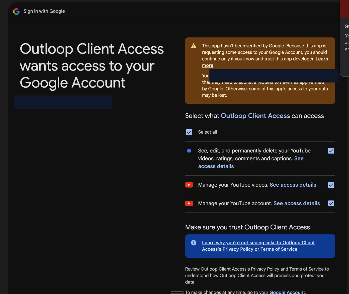 Google OAuth consent for Outloop Client Access requesting YouTube permissions with Select all checked; developer email and account redacted.