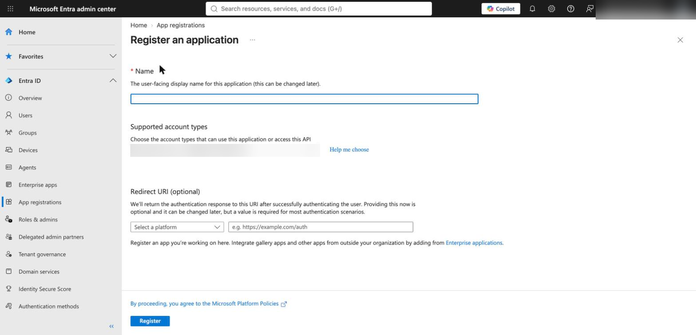Microsoft Entra Register an application form with Single tenant only selected and the Redirect URI left blank.