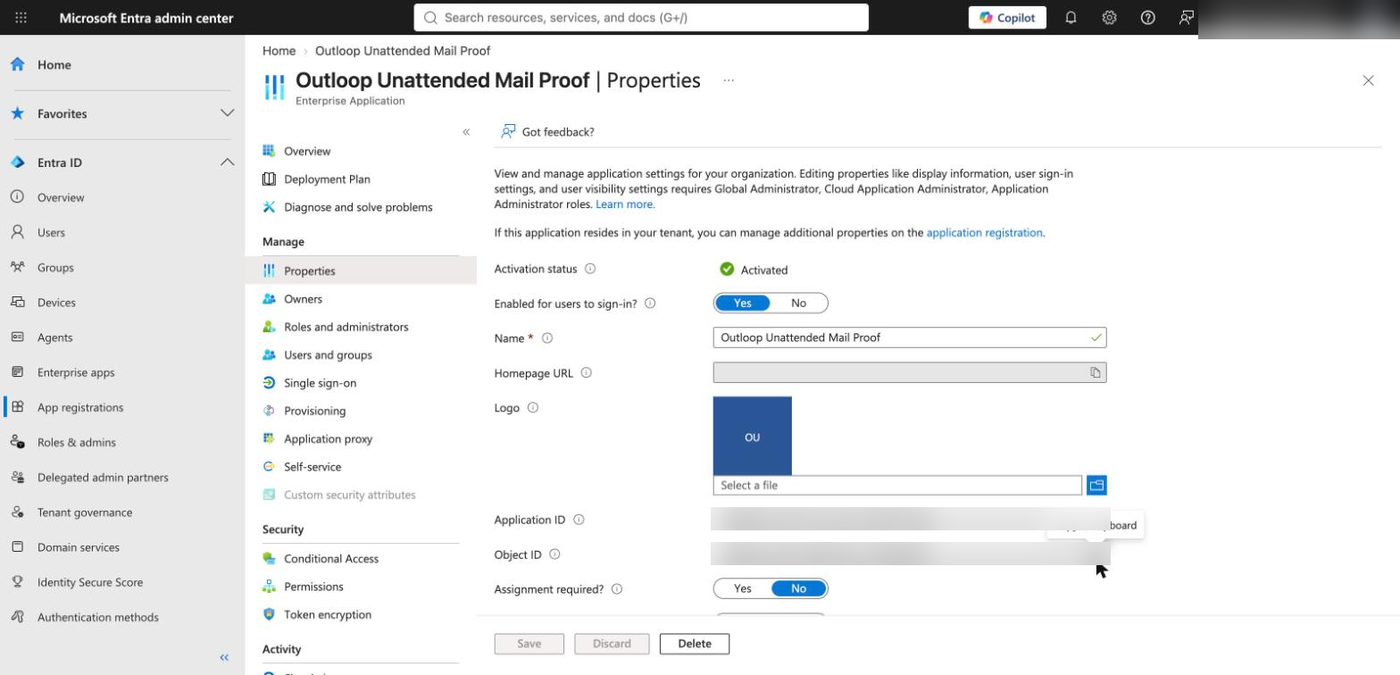 Microsoft Entra Enterprise application Properties blade showing the Application ID and Object ID fields used by New-ServicePrincipal.