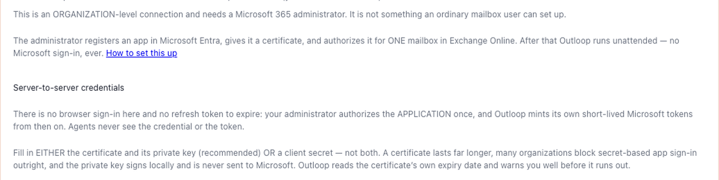 Outloop add-key panel explaining that Microsoft 365 Mail unattended app access is an organization-level connection requiring an administrator.