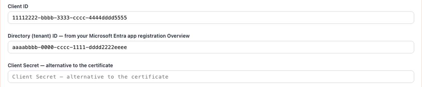 Outloop credential fields for Microsoft 365 Mail showing Client ID, Directory tenant ID and the optional client secret alternative.