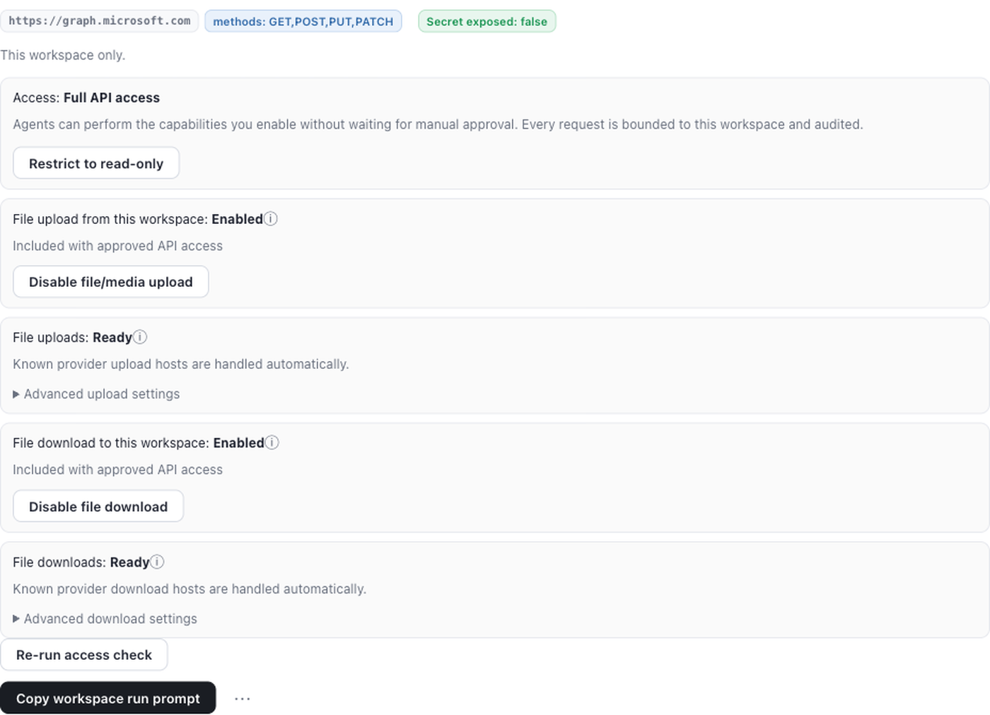 Outloop bridge and runtime panel for Microsoft 365 Mail showing the pinned Microsoft Graph host, allowed methods GET POST PUT PATCH, and secret exposed false.