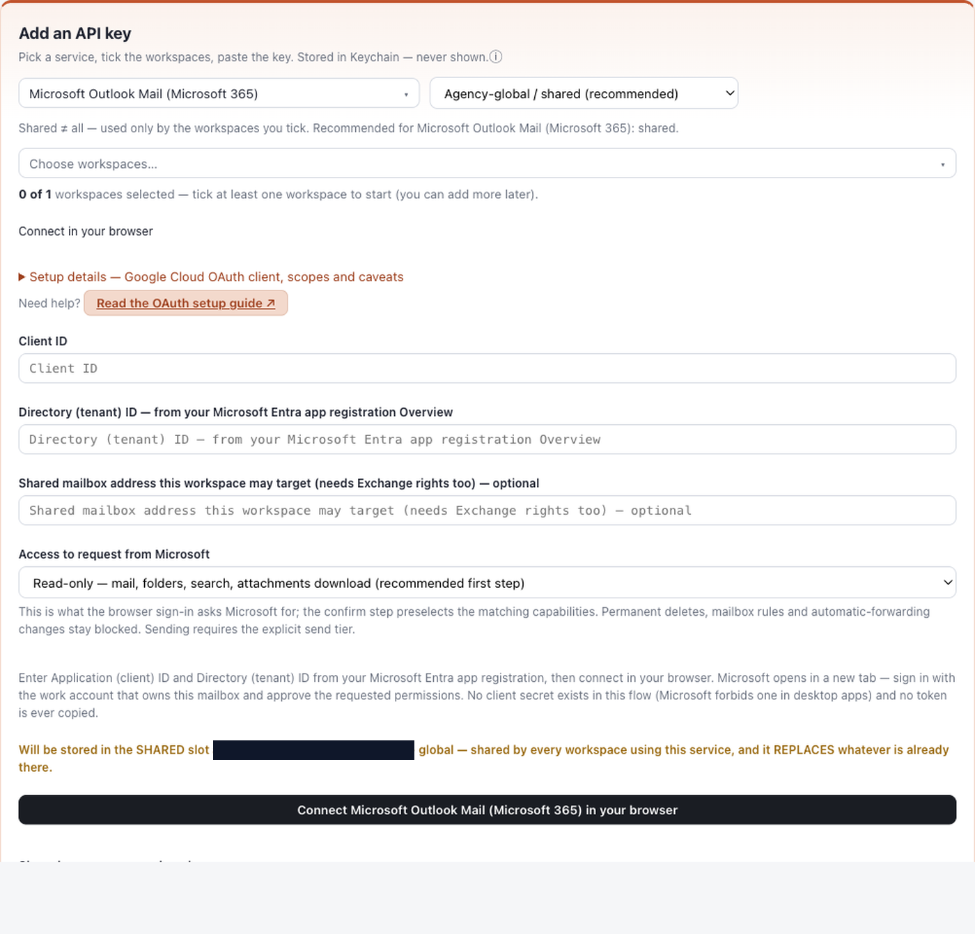 Outloop add-key panel with the delegated Microsoft Outlook Mail connector selected, showing a Connect in your browser button instead of certificate fields.