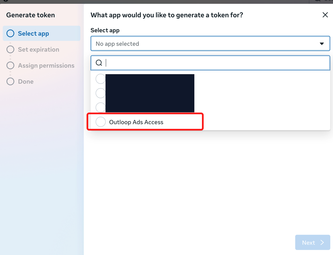 Meta Generate token dialog with the Outloop Ads Access app highlighted in the Select app list.