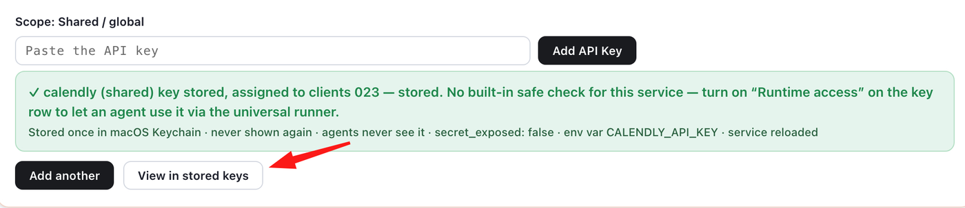 Outloop confirmation that the Calendly key is stored in macOS Keychain, with the View in stored keys button highlighted.