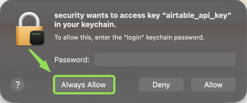 macOS Keychain Always Allow prompt for Outloop runtime access, with the Always Allow button highlighted.