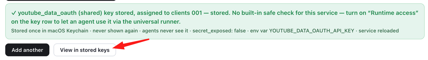 Outloop confirmation that the YouTube OAuth credential is stored in macOS Keychain with secret_exposed false and agents never see it.