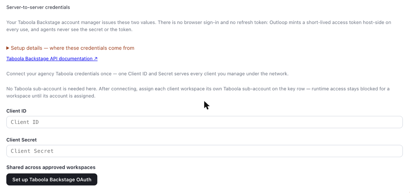 Adding Taboola Backstage in Outloop: the Server-to-server credentials explanation, the setup-details disclosure, and the empty Client ID and Client Secret fields.