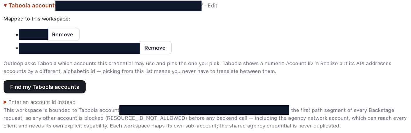 Mapping a Taboola sub-account to an Outloop workspace, showing the Find my Taboola accounts picker, the accounts mapped to the workspace, and the bounded-account confirmation, with identifiers redacted.