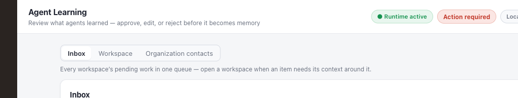 Outloop Agent Learning review header: approve, edit or reject before learning becomes memory; all workspace entries excluded