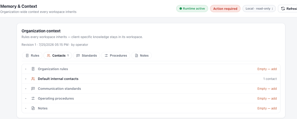 Outloop Memory and Context interface with organization sections collapsed and no contact details displayed