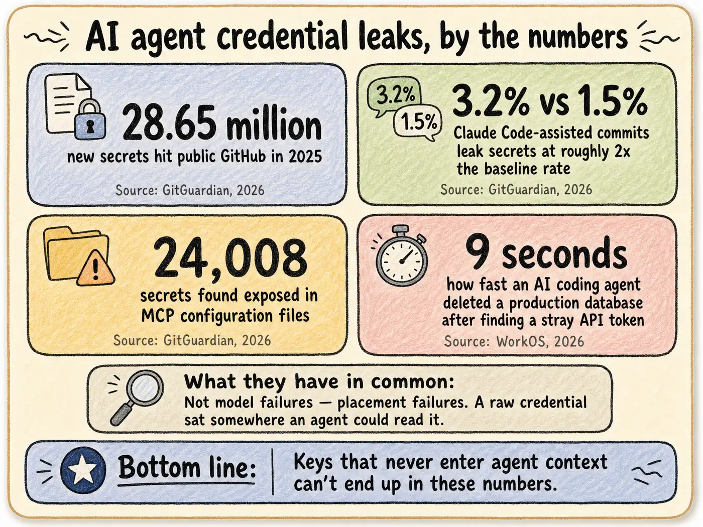 Four sourced statistics on AI agent credential leaks: 28.65 million secrets on public GitHub, Claude Code commits leaking at roughly twice the baseline rate, 24,008 secrets in MCP config files, and 9 seconds for an agent to delete a production database after finding a stray token