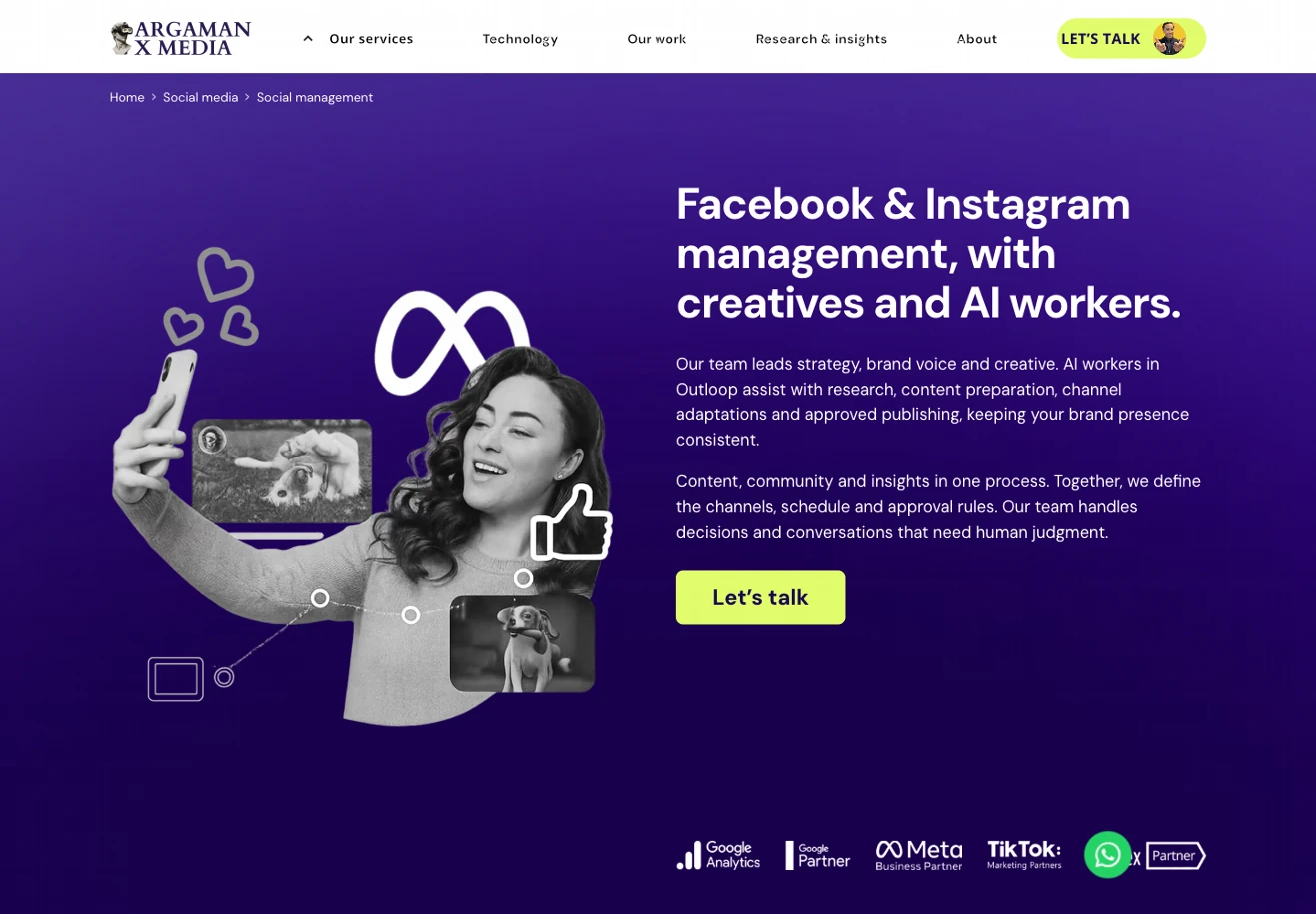 English translation of the ARGAMAN X MEDIA Webflow staging page, with the social-management heading, service copy and original imagery on desktop.