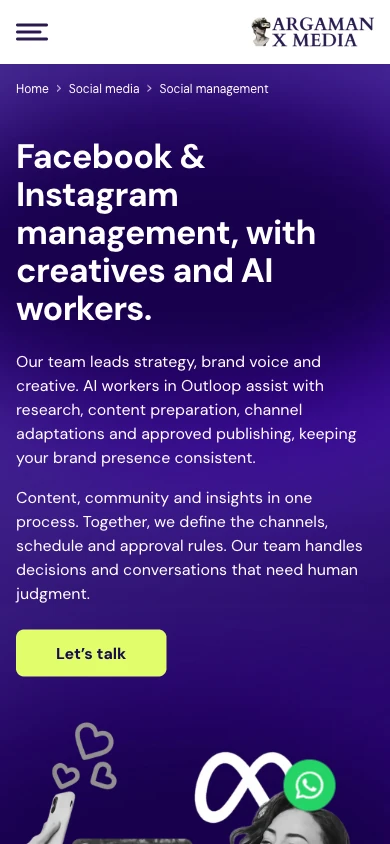 The same English page preview at 390 pixels wide, showing the stacked heading, service copy, contact button and original image.